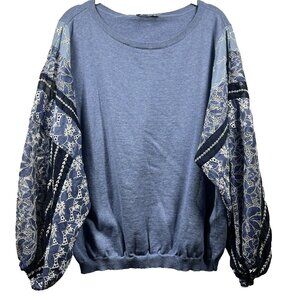 Chicos Women's Sweater Size XL Blue Lace Bohemian Exaggerated Sleeves Crew Neck‎